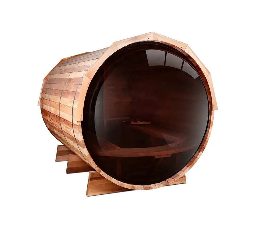 Natural Wood Color 2025 Canadian Cedar / Hemlock Traditional Steam Barrel Sauna Room with 6KW Wood Stove and Panoramic Glass