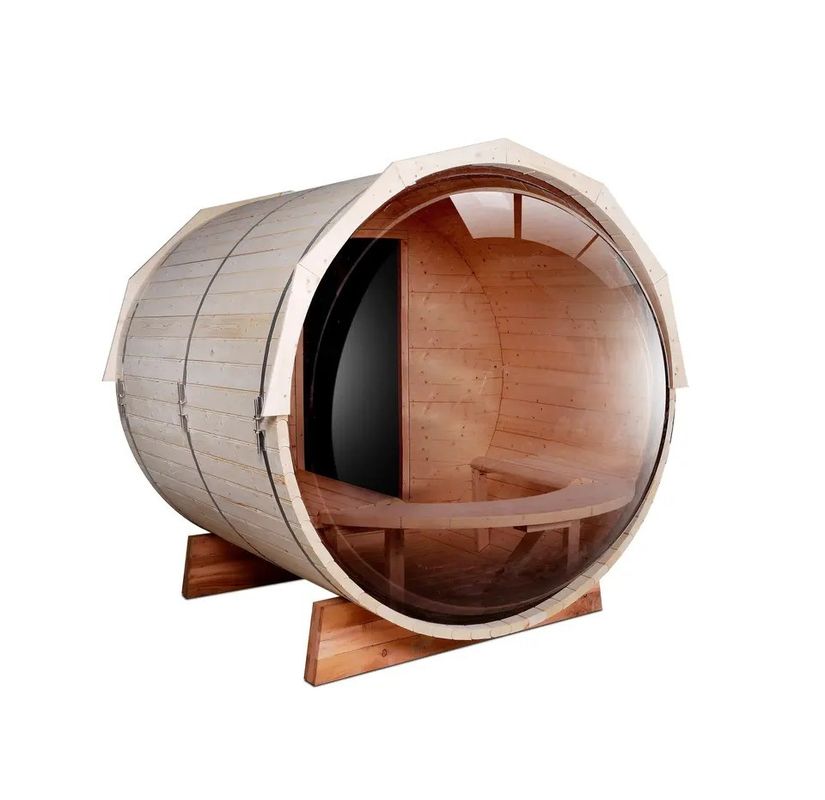 Natural Wood Color 2025 Canadian Cedar / Hemlock Traditional Steam Barrel Sauna Room with 6KW Wood Stove and Panoramic Glass