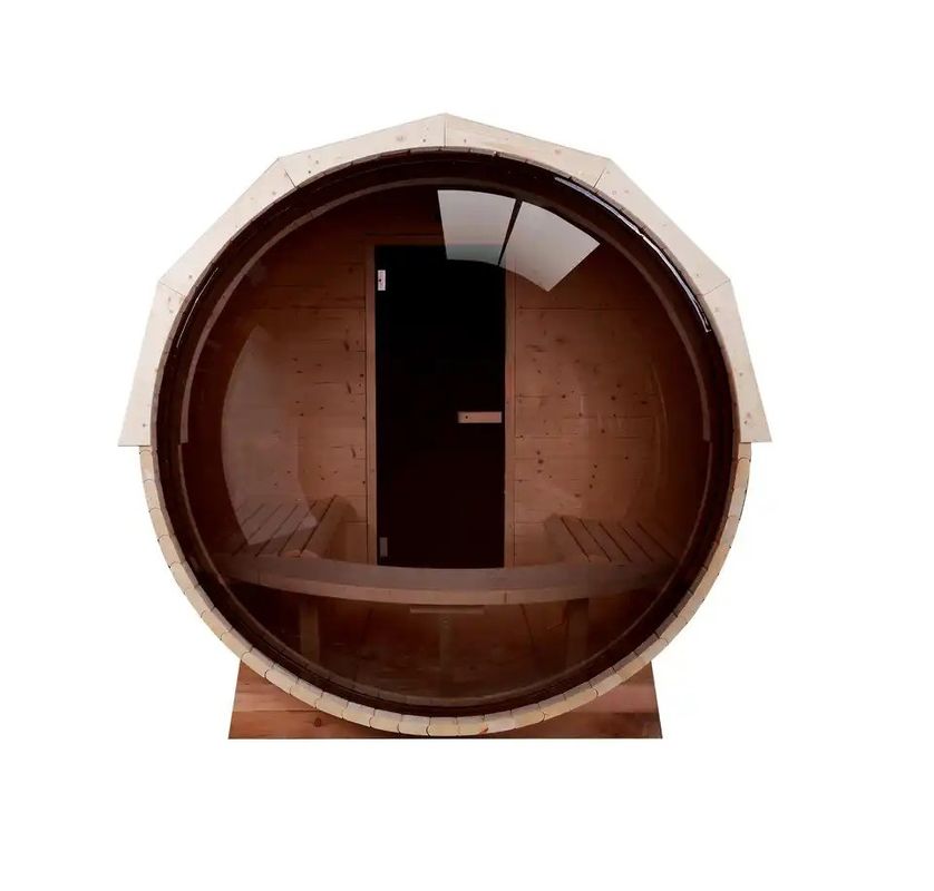 Natural Wood Color 2025 Canadian Cedar / Hemlock Traditional Steam Barrel Sauna Room with 6KW Wood Stove and Panoramic Glass