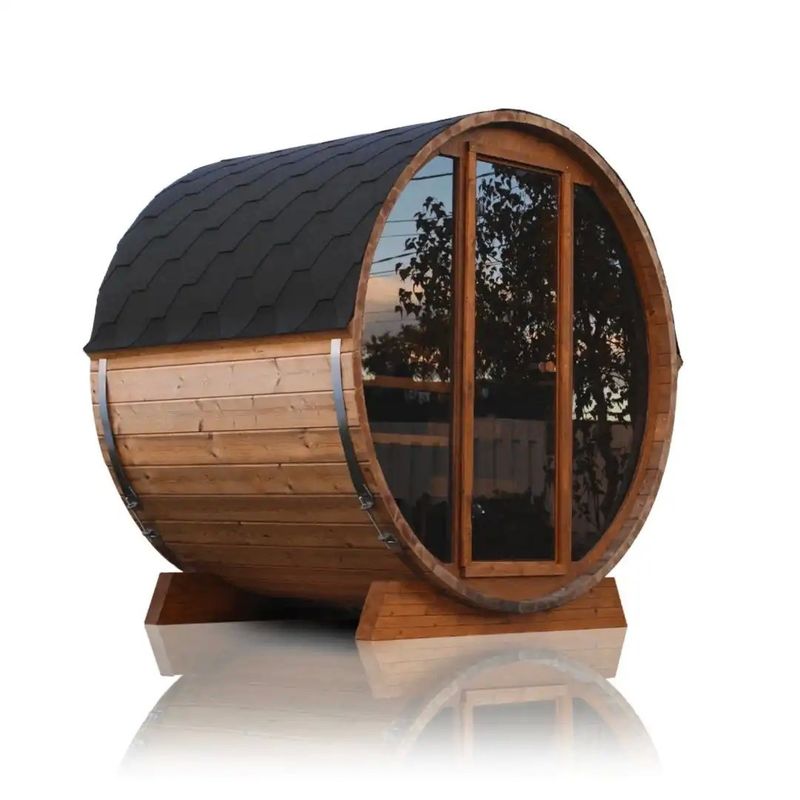 Transom Windows 2-4 Person Hemlock Red Cedar Barrel Sauna with 110V/220V Voltage and Steam Room