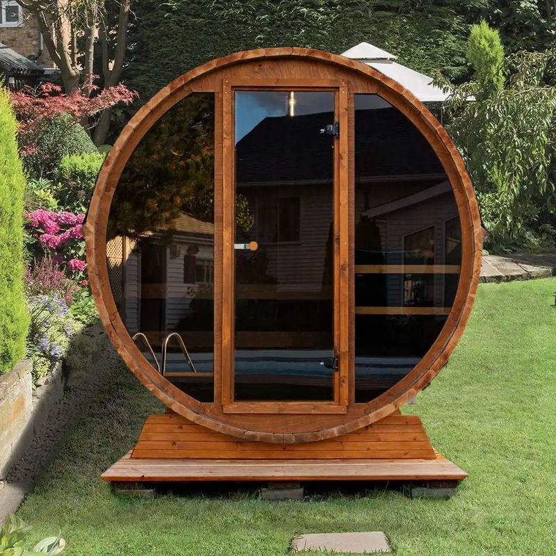 Transom Windows 2-4 Person Hemlock Red Cedar Barrel Sauna with 110V/220V Voltage and Steam Room
