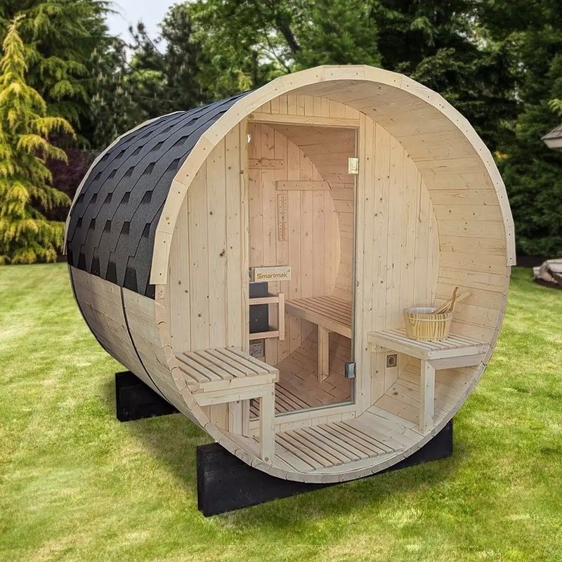 1800*1800mm Red Cedar Solid Wood Barrel Sauna Outdoor Computer Control Panel for 4 People 400 Kg Capacity