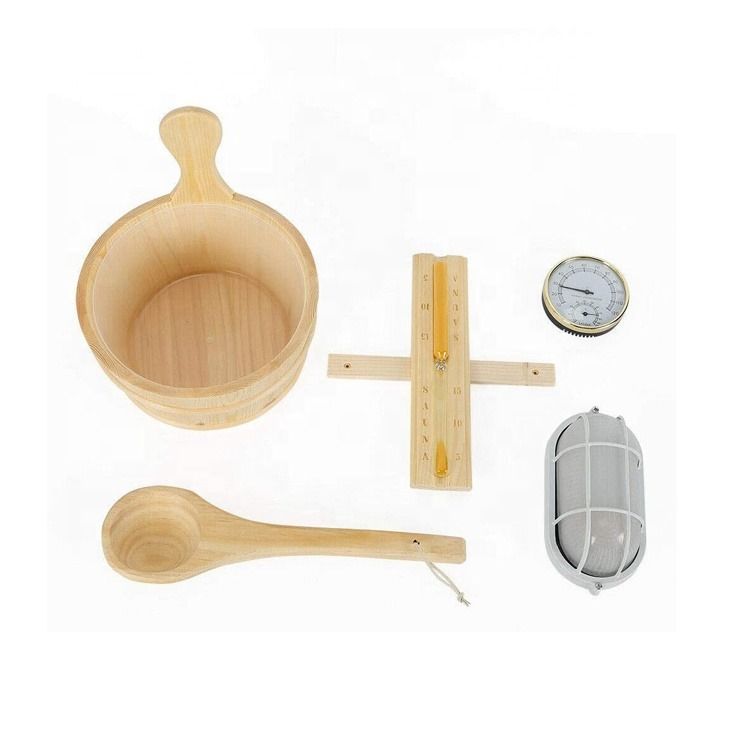 Sauna Accessories Kit Pail Wooden Bucket Dipper Lamp Traditional Pocket Timer with Thermometer Water Scoop Hourglass Spa Home Sauna Kit