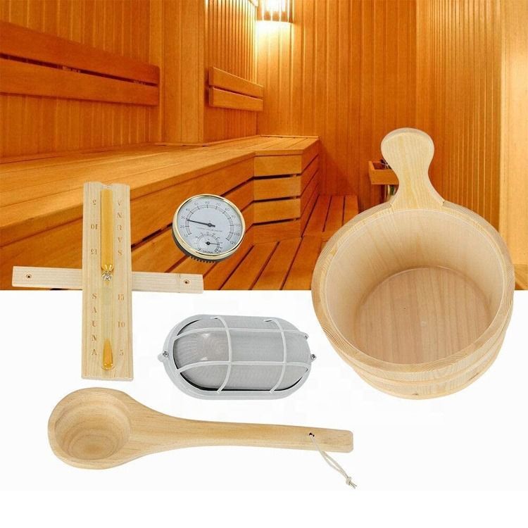 Spa Sauna Kit Pail Wooden Bucket Dipper Lamp Traditional Pocket Home Timer with Thermometer Water Scoop Hourglass Sauna Accessory Bundle