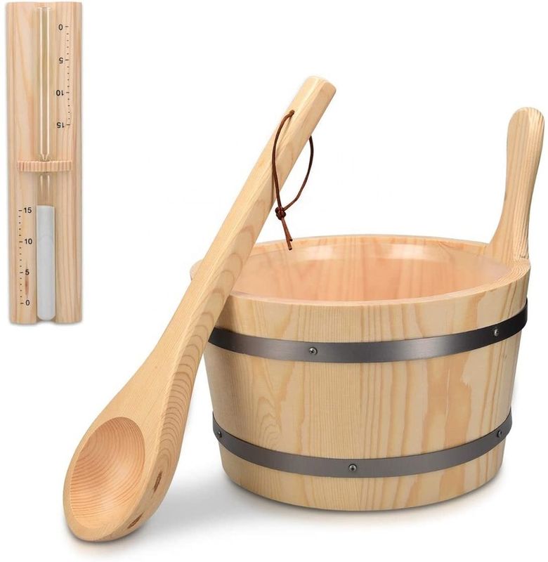 Traditional Sauna Wooden Bucket With Pocket Spa Essential Accessory For Steam Bath Pine Wood Bucket Liner Pocket Plastic Sand Timer