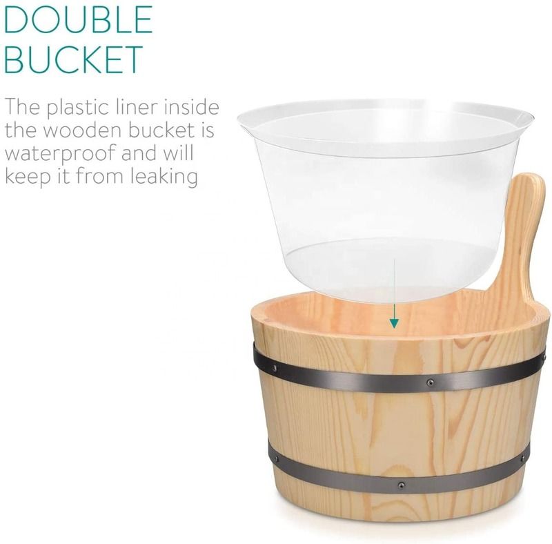 Traditional Sauna Wooden Bucket With Pocket Spa Essential Accessory For Steam Bath Pine Wood Bucket Liner Pocket Plastic Sand Timer